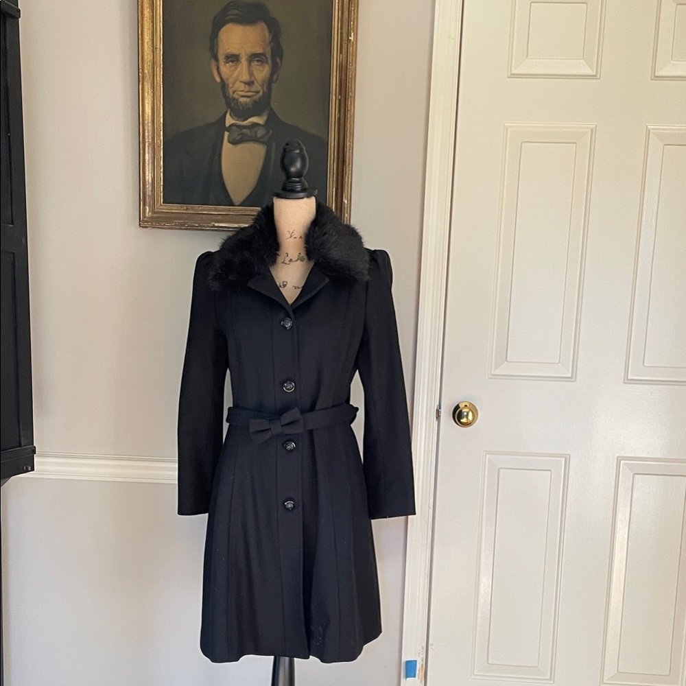 Banana Republic Black Wool Coat with Faux Fur Collar
